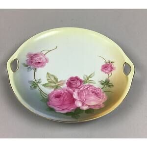 Antique German Porcelain Dessert Plate – Roses Motif, Gold Trim & Dual Handles